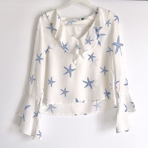 Rixo London Starfish Jane Ruffle-trimmed printed silk-crepe blouse Size Small - Picture 4 of 16